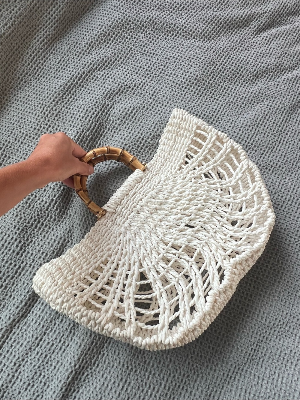 Woven Crochet Tote Bag with Bamboo Handles - White Purse Beach Bag